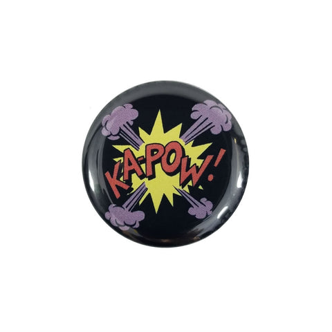 "KA-POW!" illustrated text comic sound effect on black background 1.5" round metal pinback button