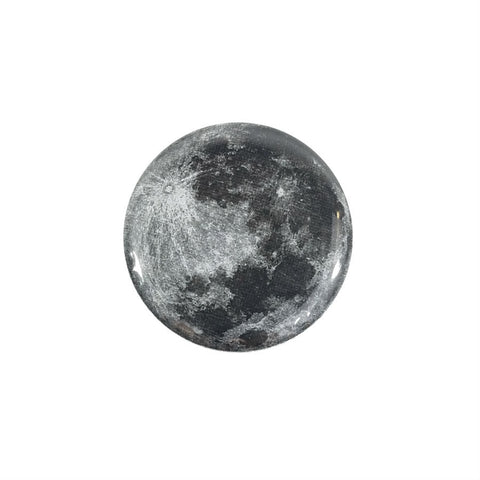 black and white telescope photo view of the moon from earth as 1.5" round metal pinback button