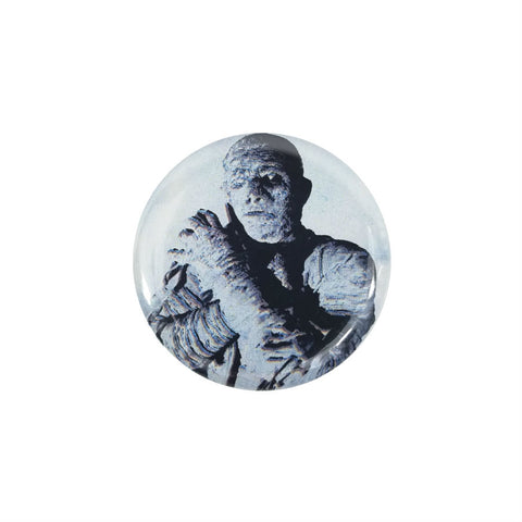 black and white photo image of Boris Karloff as The Mummy on 1.5" round metal pinback button