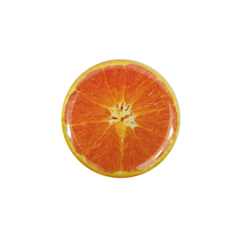 color photo image of crosswise orange slice as 1.5" round metal pinback button