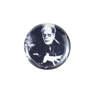 1.5" round metal Phantom of the Opera Button black & white photo image Lon Chaney, "Man of a Thousand Faces," as his iconic role in the 1925 silent horror classic