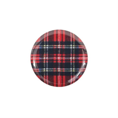 This 1.5" round Red Plaid button features a classic red, black, white, blue and yellow plaid pattern