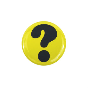 black question mark on yellow background 1.5" round metal pinback button