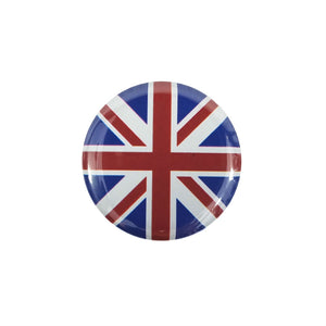 This 1.5" round Union Jack button features the national flag of the United Kingdom of Great Britain
