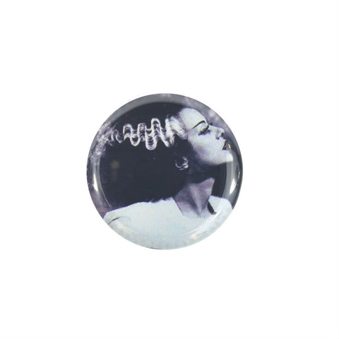 black and white photo profile portrait of Elsa Lanchester as the Bride of Frankenstein on 1.5" round refrigerator magnet