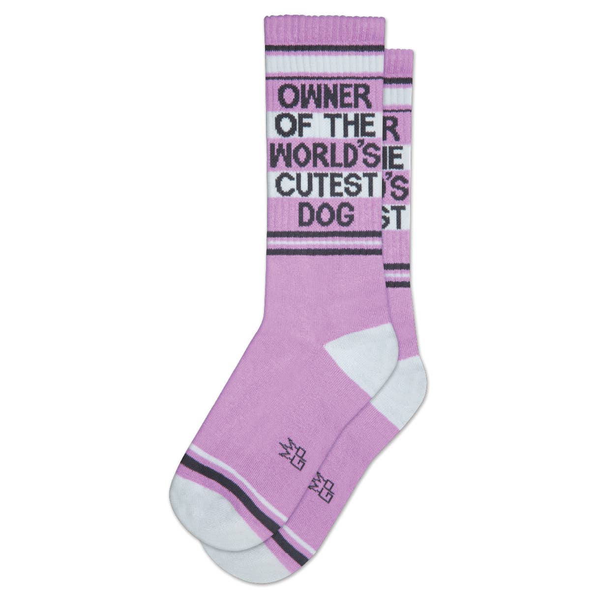 pair "Owner of the World's Cutest Dog" text on mauve with black and white ribbed knit crew length gym socks