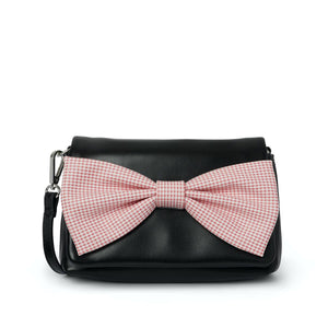 "Elissa the Indie Cat" matte black vegan leather (polyurethane) and pink & white gingham applied bow bag purse removable strap