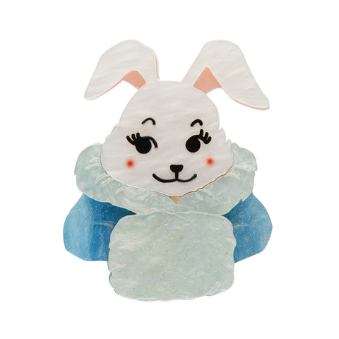 2 3/8" "Snuggly Buffy Bunny" pretty white rabbit in blue coat muff layered resin brooch