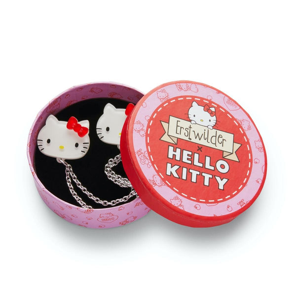 Erstwilder x Hello Kitty Collection "Hello Kitty" face head white red bow pair chain-linked layered resin brooches set, shown in round giftbox