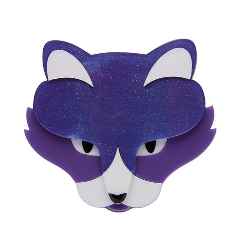 2 3/4" Fan Favourites Collection "LeBeau the Luscious" white & glittery purple cat face layered resin brooch