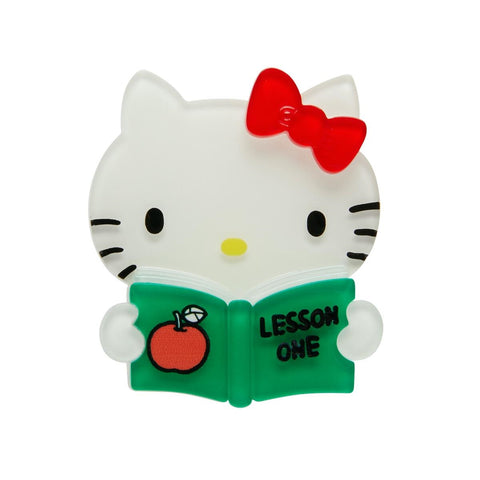 Hello Kitty Collection Lesson One white body red bow reading green book layered resin brooch