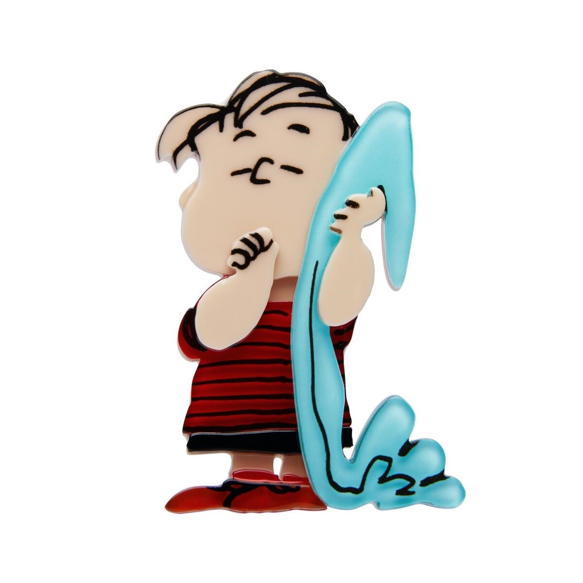 2 5/8" Peanuts Collection Linus Van Pelt standing holding blue blanket and sucking thumb layered resin brooch
