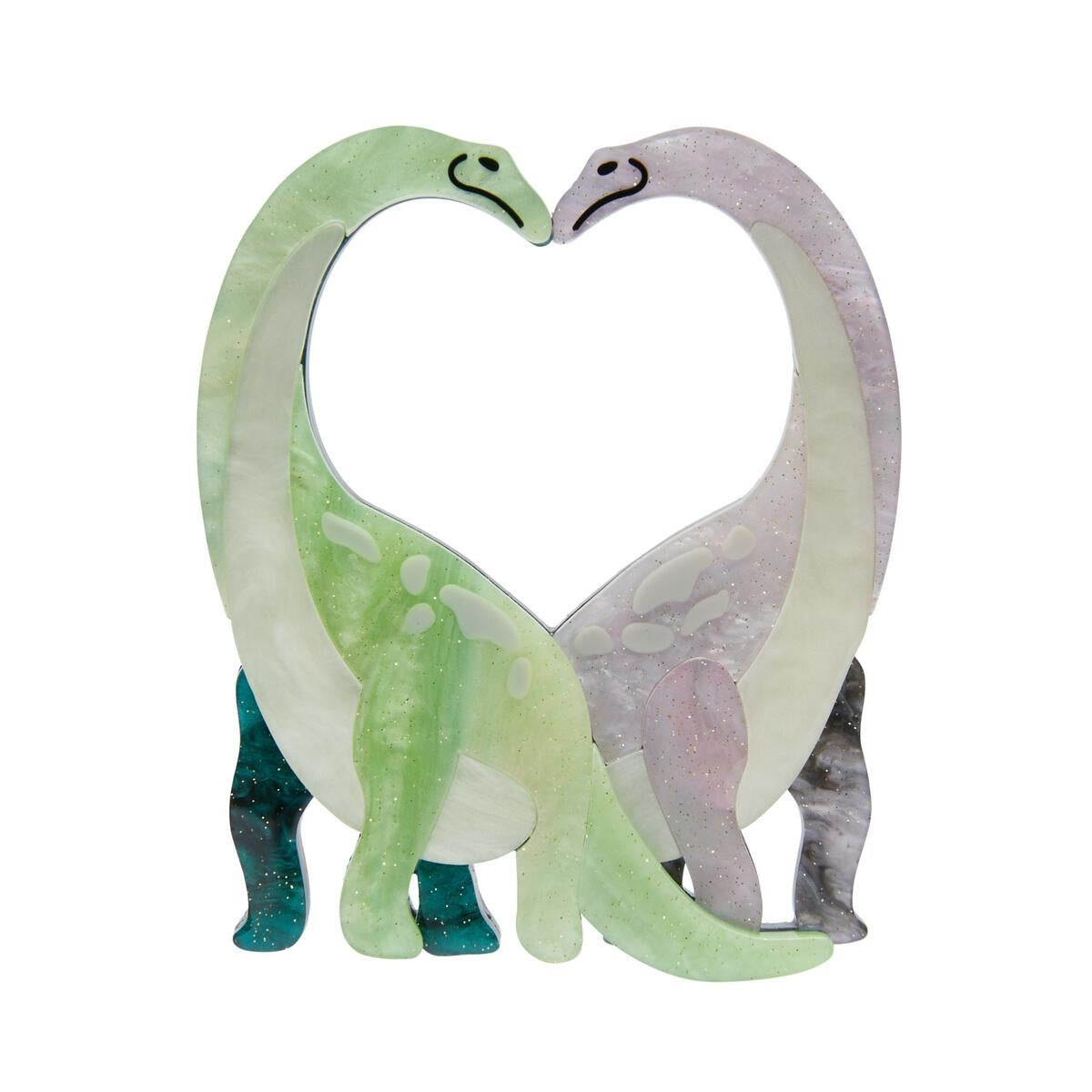 Dinosauria "Neck and Neck" pair brachiosauruses heart shaped negative space ripple lilac light green white layered resin brooch