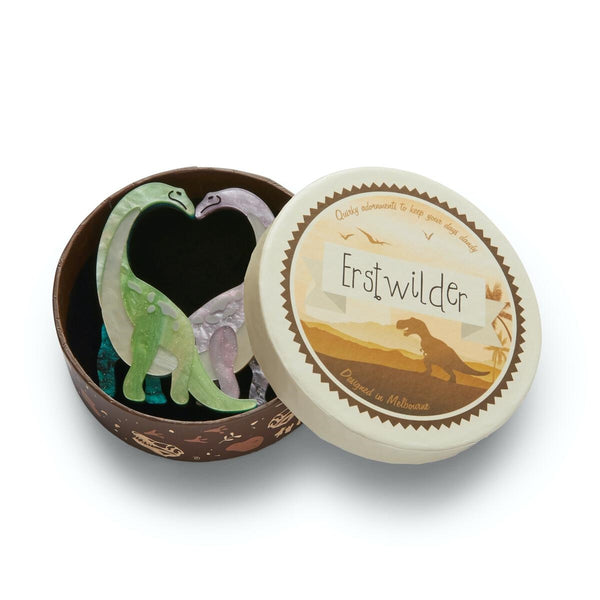 Dinosauria "Neck and Neck" pair brachiosauruses heart shaped negative space ripple lilac light green white layered resin brooch