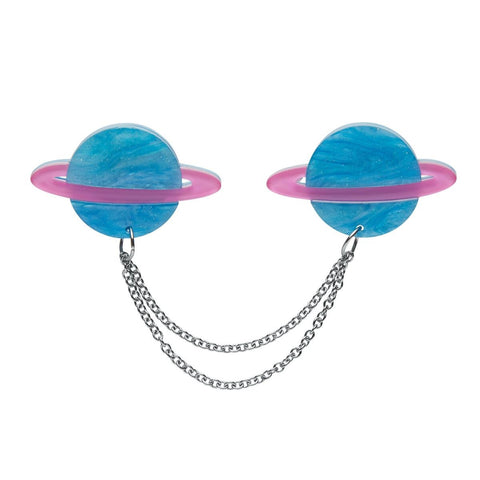 "Brave New Worlds" set of two blue and pink Saturn chain-linked layered resin each 1 5/8" 6" chain