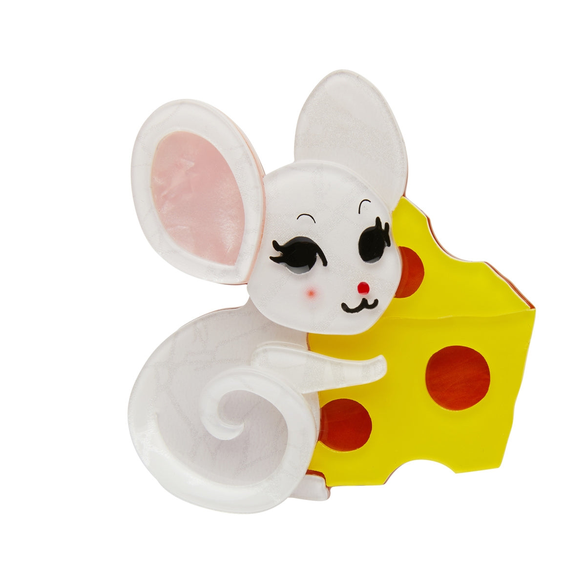 2 3/8" "Not Even a Mouse" sweet little pearly white mouse with a big wedge of yellow Swiss cheese layered resin brooch