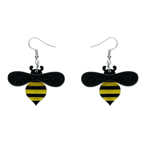 Fan Favourites Collection "Babette Bee" glittery black & yellow layered resin dangle earrings pair