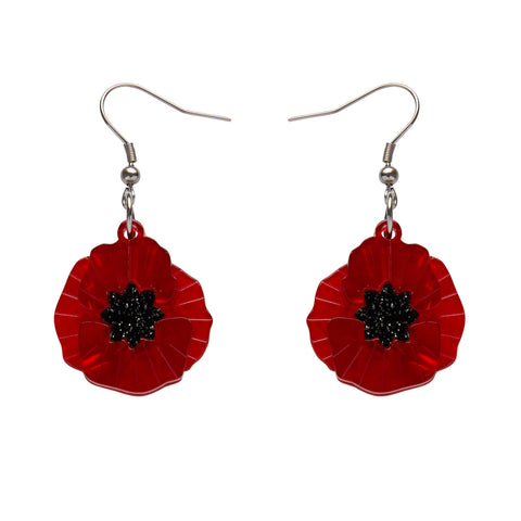 pair 1" "Poppy Field" marbled red bloom with glitter black center layered resin dangle earrings