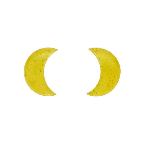 pair 5/8" laser cut crescent moon shaped post earrings in luminous yellow tinted 100% Acrylic resin infused with sparkly yellow glitter