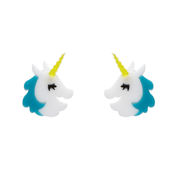pair "Horn to be Wild" solid white, blue & glittery yellow opposing unicorn heads hand assembled layered resin post earrings