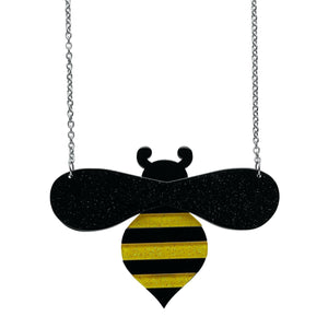 Fan Favourites Collection "Babette Bee" glittery black & yellow layered resin pendant silver metal chain