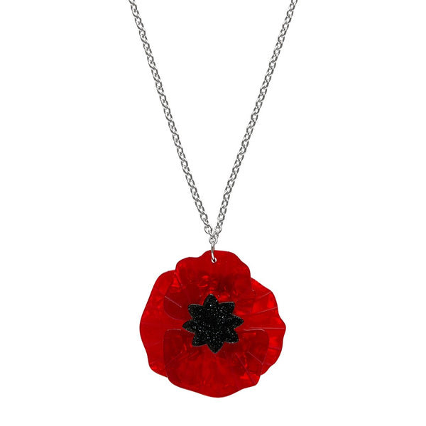 "Poppy Field" marbled red bloom with glitter black center layered resin 2" pendant on 17" - 21" adjustable lobster clasp chain