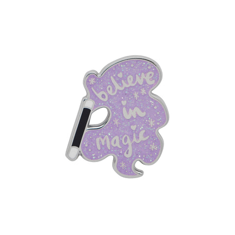 "Believe in Magic"purple glitter script black wand enameled silver metal 1" clutch back pin