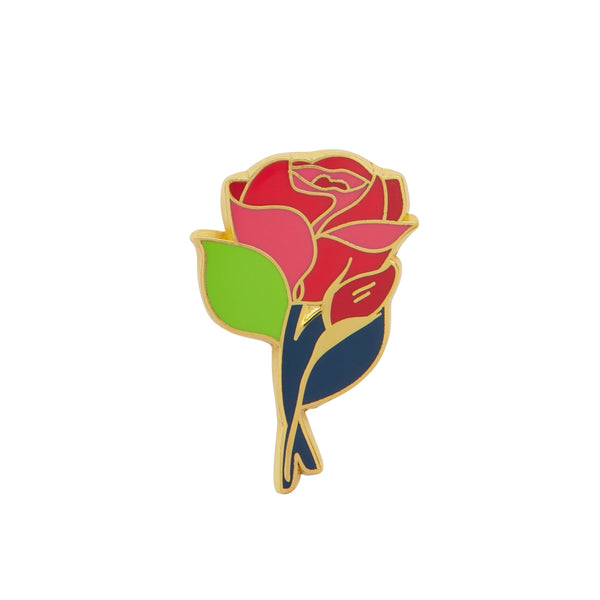 "Budding Romance" red rose and rosebud enameled gold metal clutch back pin