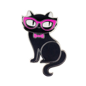 "Elissa the Indie Cat" black pink glasses bow tie cat enameled silver metal clutch back pin 3/4" x 1 1/4"