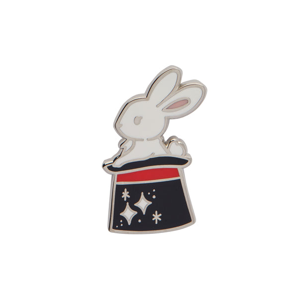 "Out of a Hat" white rabbit black top hat enameled silver metal clutch back pin 5/8" x 1 1/8"