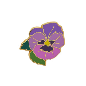 "On Sleeping Eyelids" purple pansy enameled gold metal clutch back pin