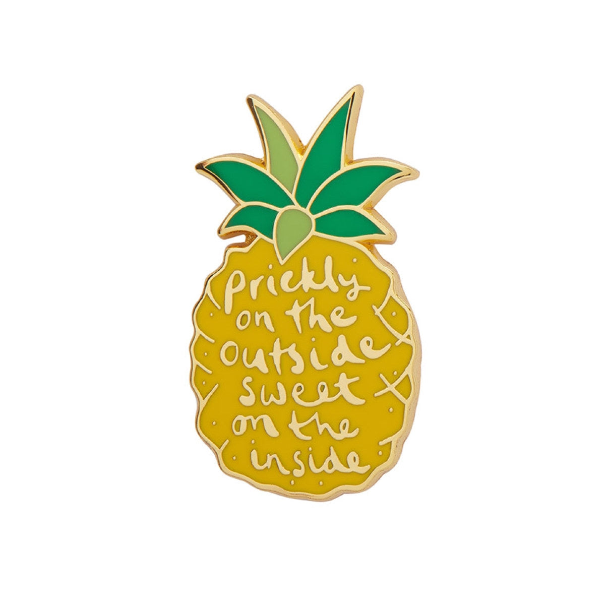 5/8" x 1 1/8" pineapple shaped "prickly on the outside sweet on the inside" yellow green enameled gold metal clutch back pin