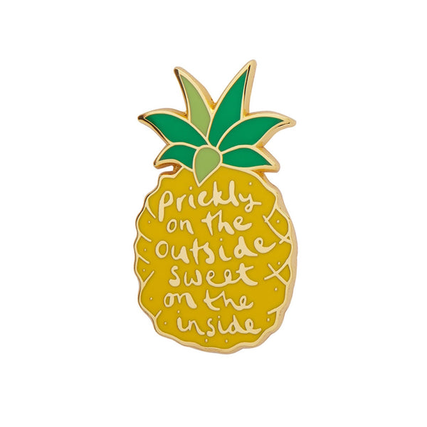 5/8" x 1 1/8" pineapple shaped "prickly on the outside sweet on the inside" yellow green enameled gold metal clutch back pin