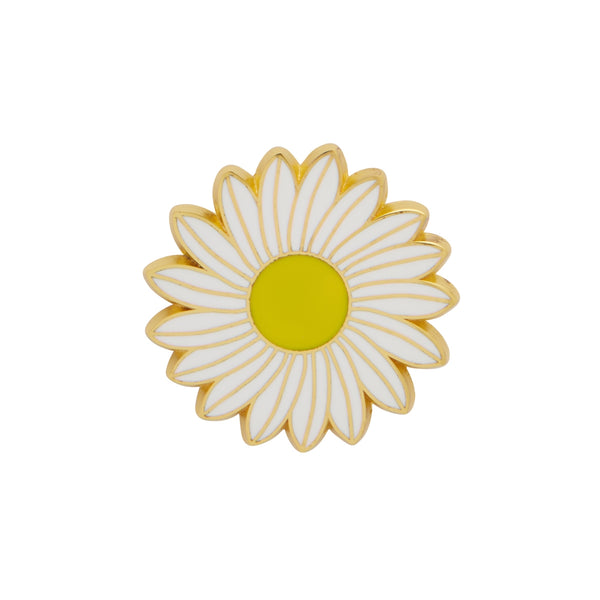 "She Loves Me" white yellow daisy enameled gold metal clutch back pin