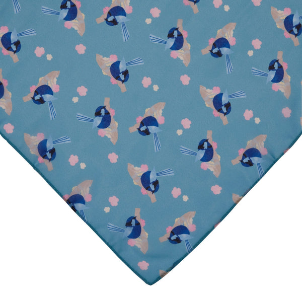 27" square semi-sheer blue background "Phoebe the Fairy Wren" allover birdl print scarf
