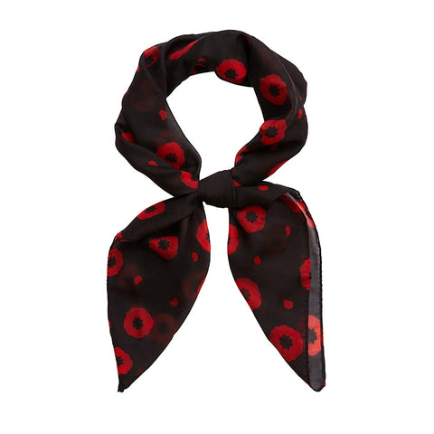 27" square semi-sheer ""Poppy Field" allover red flower print black background scarf