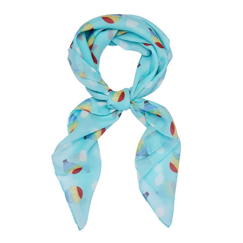 27" square semi-sheer blue skies background "Up in the Clouds" allover hot air balloons white clouds print scarf