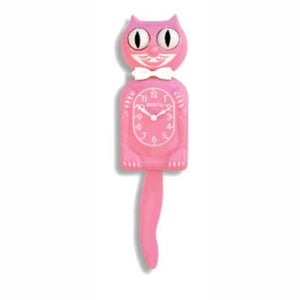 creamy Pink Satin & white Kitty-Cat Klock features a mischievous grin and big round eyes that swivel side-to-side in time with its pendulum tail