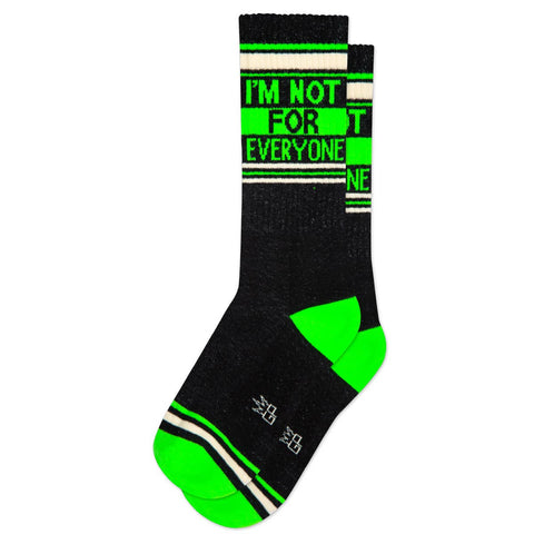 pair "I'm Not for Everyone" text on black with green and white ribbed knit crew length gym socks
