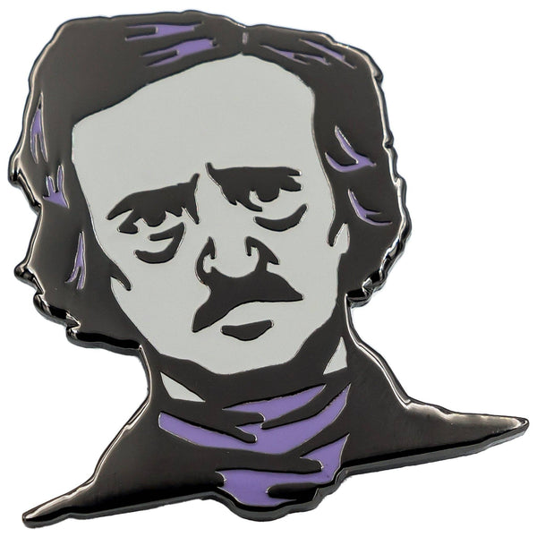 grey and purple Edgar Allan Poe bust enameled black metal pin