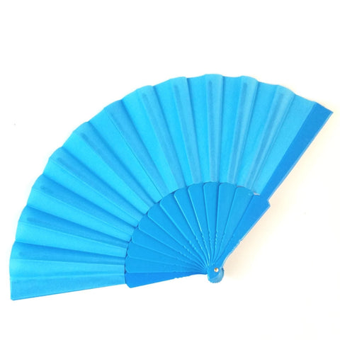 light turquoise blue fabric folding fan with matching color plastic ribs