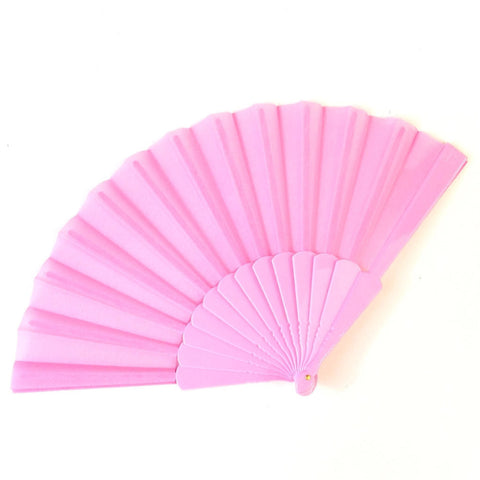 pale bright pink fabric folding fan with matching color plastic ribs