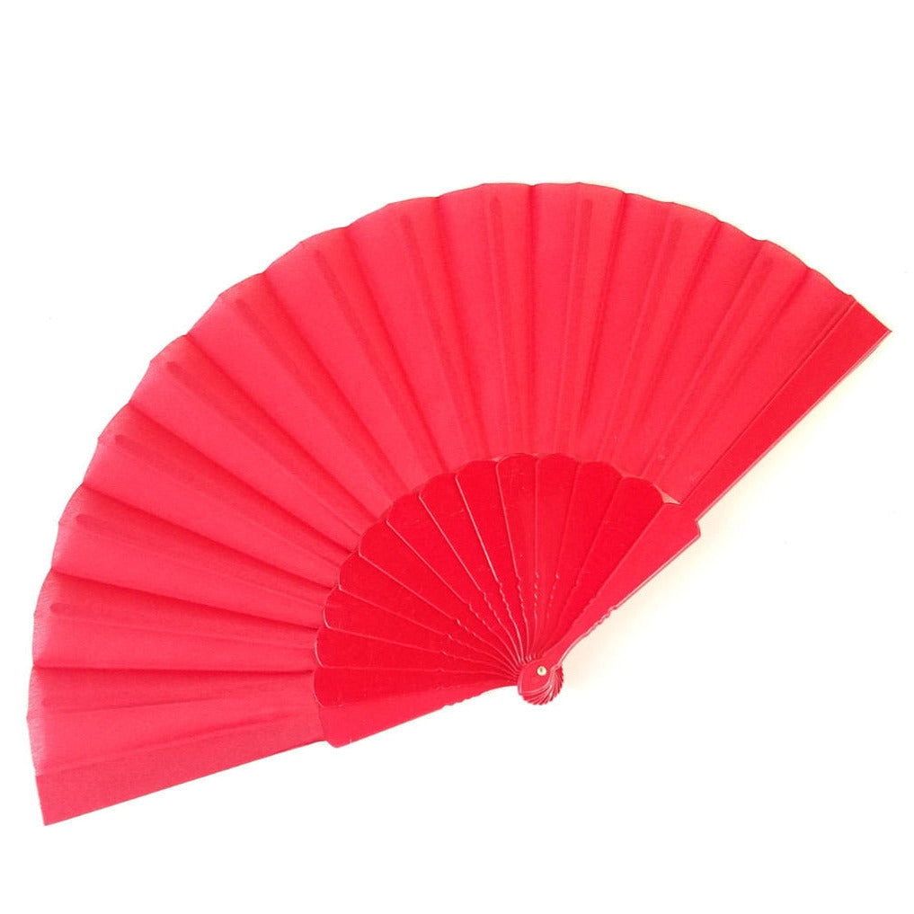 bright red fabric folding fan with matching color plastic ribs