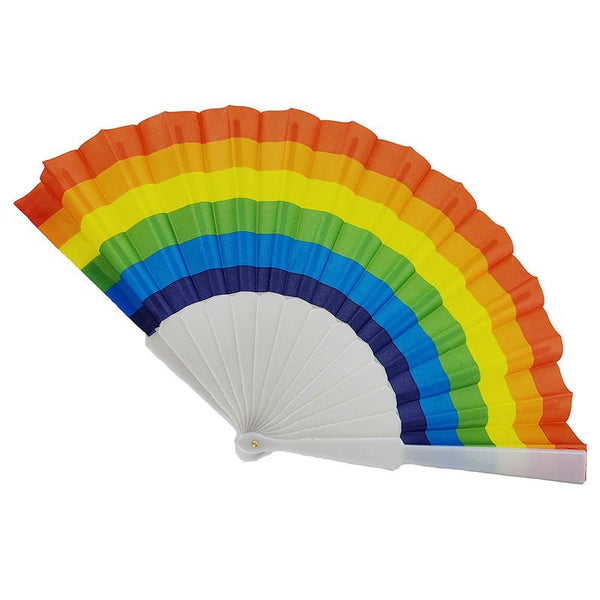 white fabric with rainbow folding fan white plastic ribs