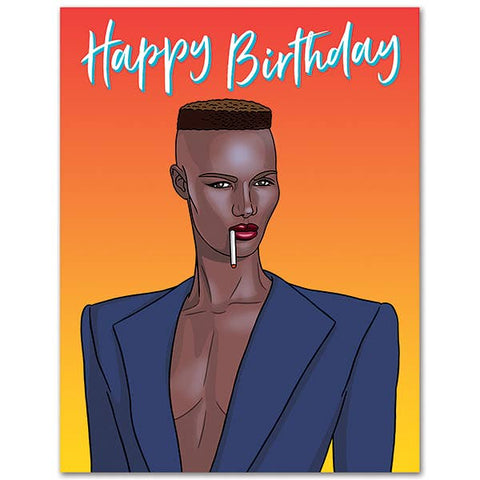 4.25" x 5.5" "Happy Birthday" message card Grace Jones with cigarette illustrated portrait