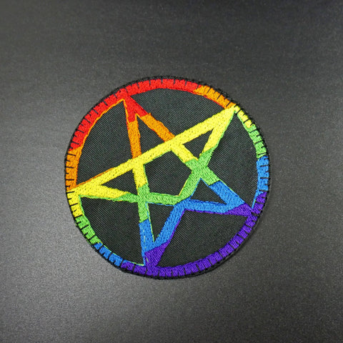 3" round rainbow stripe embroidery on black canvas twill Pentagram patch