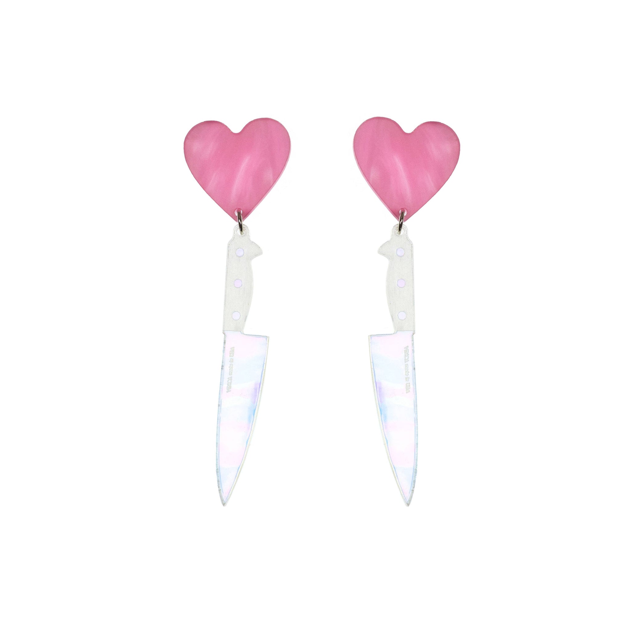 pair clear holographic acrylic chef's knife suspended from pearly pink heart drop earrings