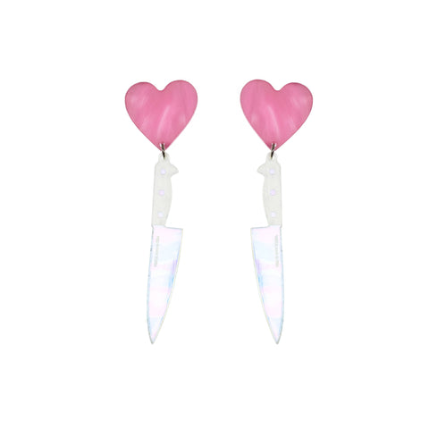 pair clear holographic acrylic chef's knife suspended from pearly pink heart drop earrings