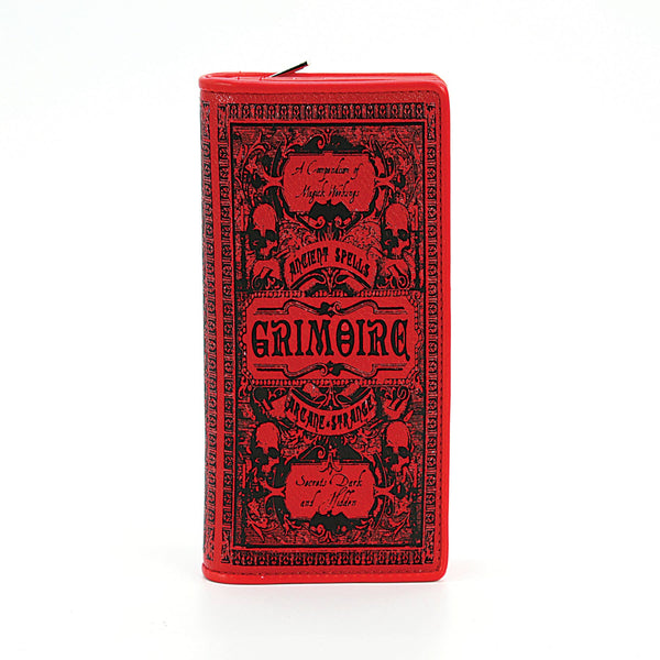 textured red faux leather with black print book-shaped "Grimoire: A Compendium of Magick Workings" wallet