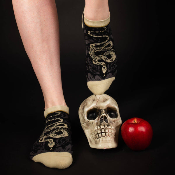 "Danger Noodle" Snake design on black and tan stretch cotton blend ankle socks, shown on model